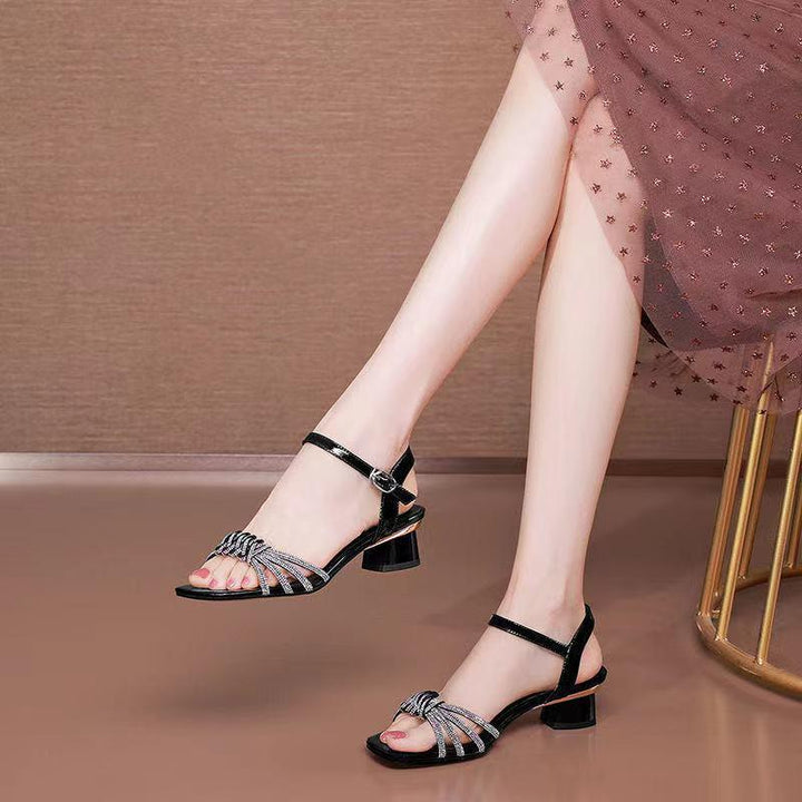 Woven Thin Strap Rhinestone Sandals Women's Chunky Heel - Trendha