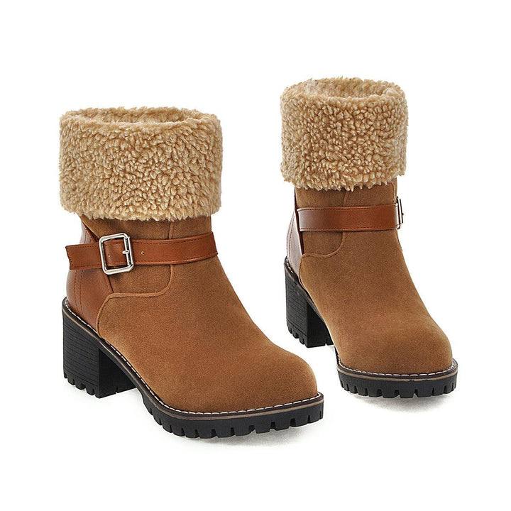 Women's Short Boots With Round Toe Thick Heel Belt Buckle - Trendha
