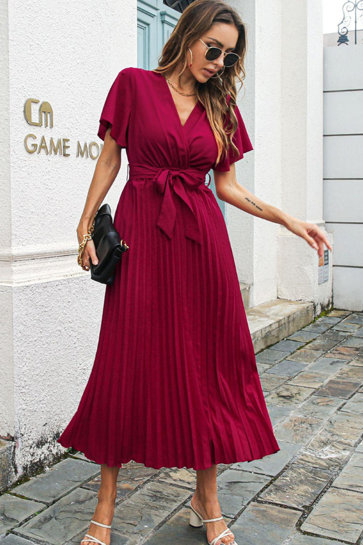 Flutter Sleeve Belted Surplice Midi Dress - Trendha
