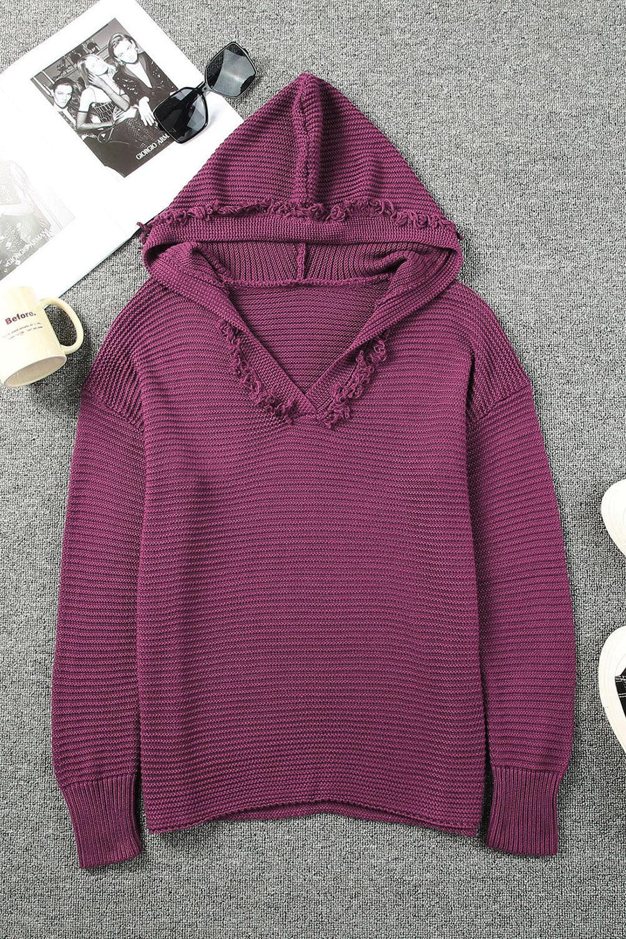 Horizontal Ribbing Fringe Trim Hooded Sweater - Trendha