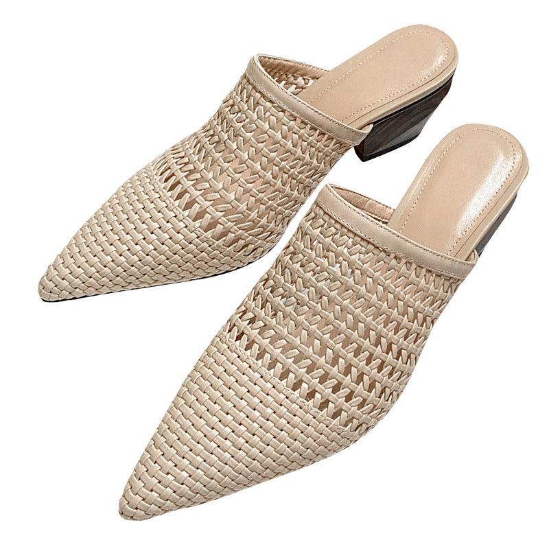 White Hollow Woven Baotou Half Slippers Female Summer Wear Pointed Muller Sandals - Trendha