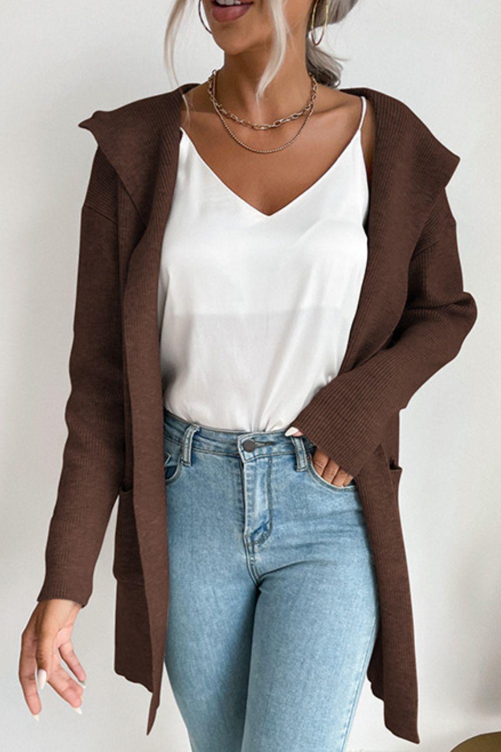 Ribbed Open Front Hooded Cardigan with Pockets - Trendha