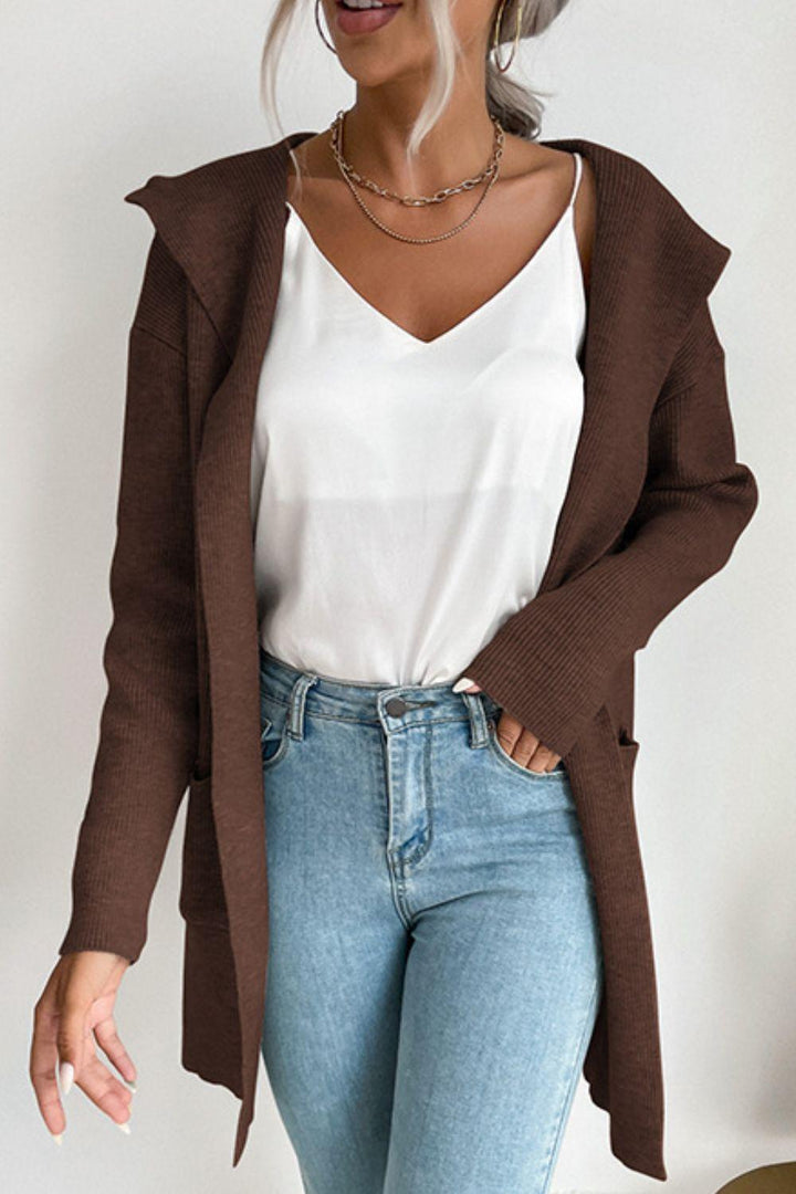 Ribbed Open Front Hooded Cardigan with Pockets - Trendha