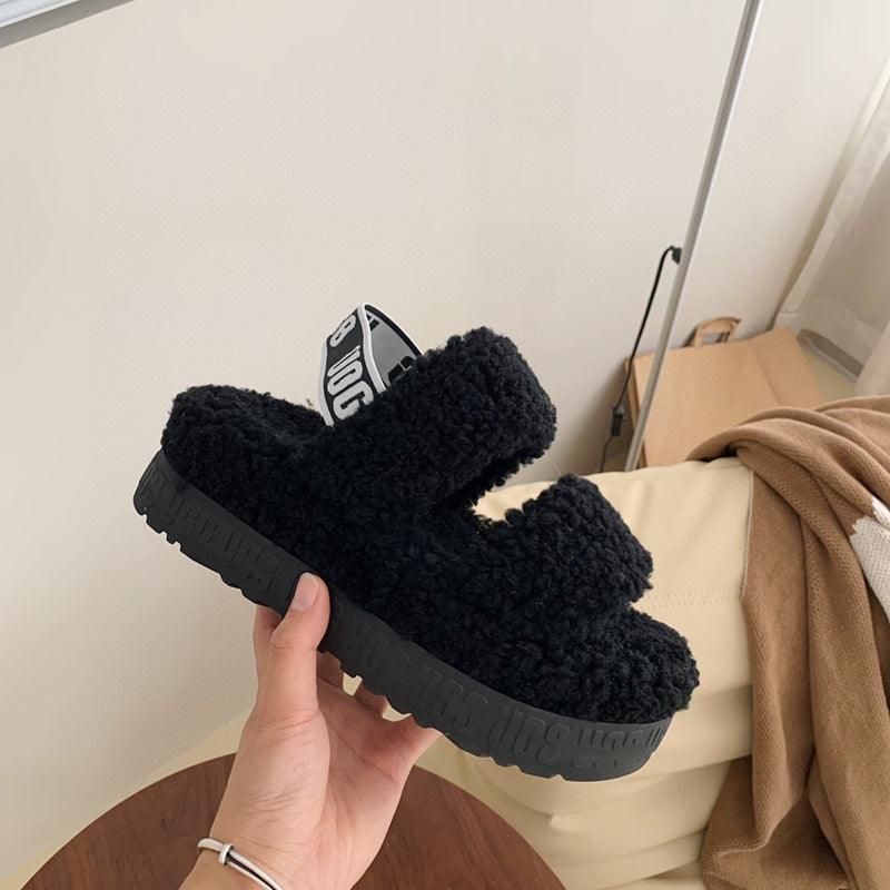 Autumn And Winter Furry Teddy Wool Sponge Cake Platform Slippers - Trendha