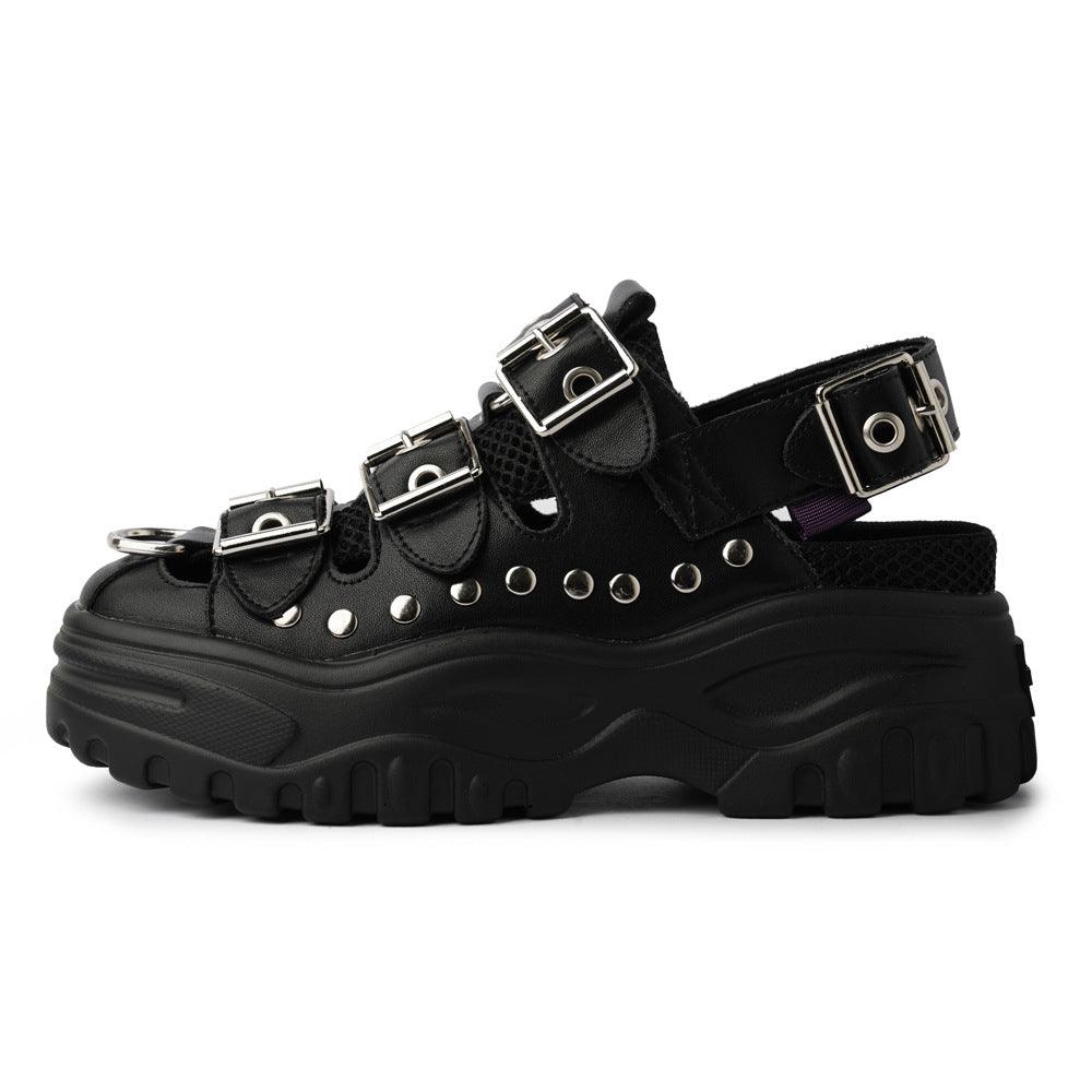 Thick Bottom Muffin Heel Back Trip Belt Leather Casual Shoes Rivet Waterproof Platform Thick Bottom Sandals Student - Trendha