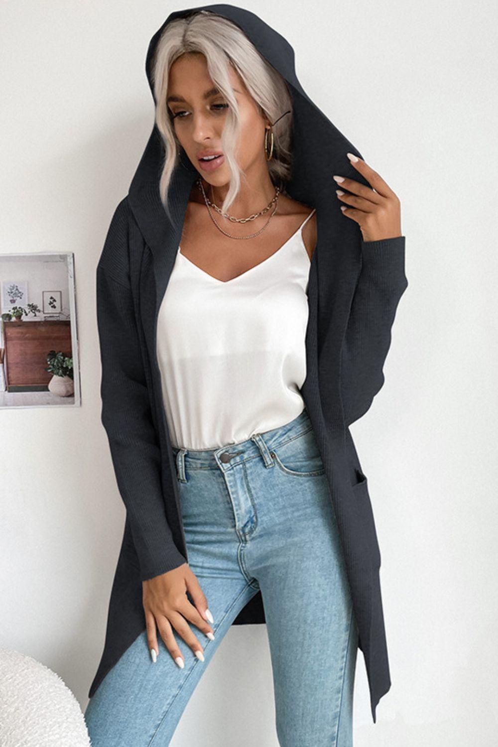 Ribbed Open Front Hooded Cardigan with Pockets - Trendha