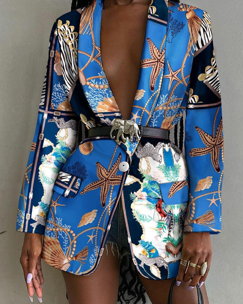 Fashion-Forward Printed Shawl Collar Single-Breasted Belted Blazer for Women - Trendha
