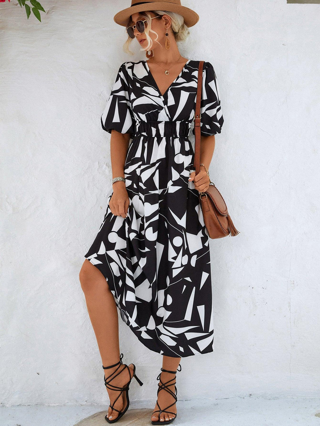 Printed Surplice Balloon Sleeve Dress - Trendha