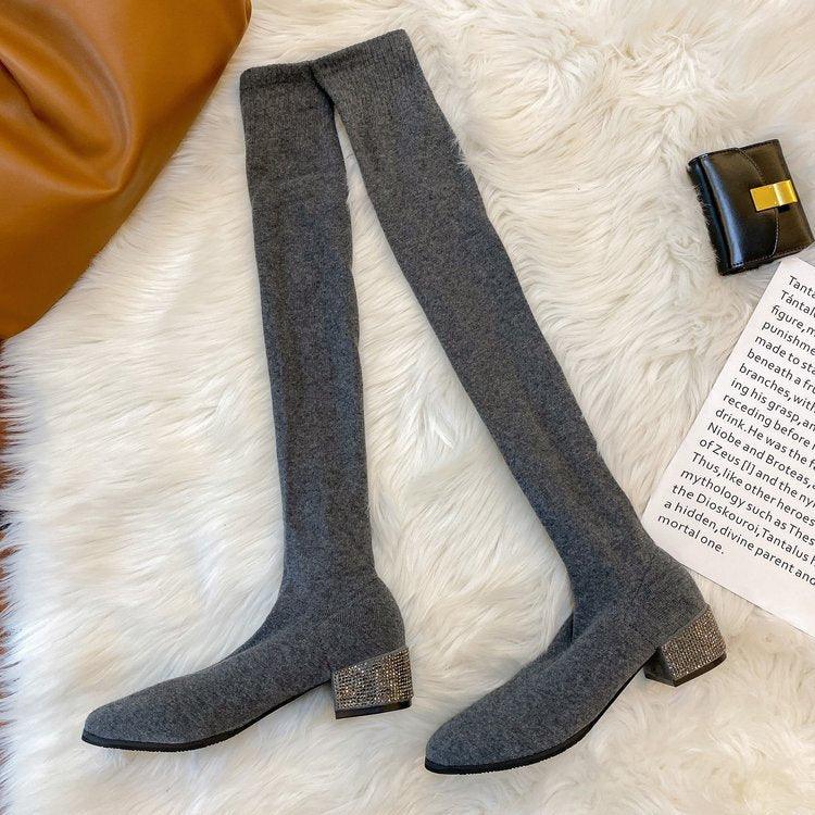 Womens Thigh High Stretch Breathable Pointed Toe Rhinestone Thick Heel Knitting Sock Boots - Trendha