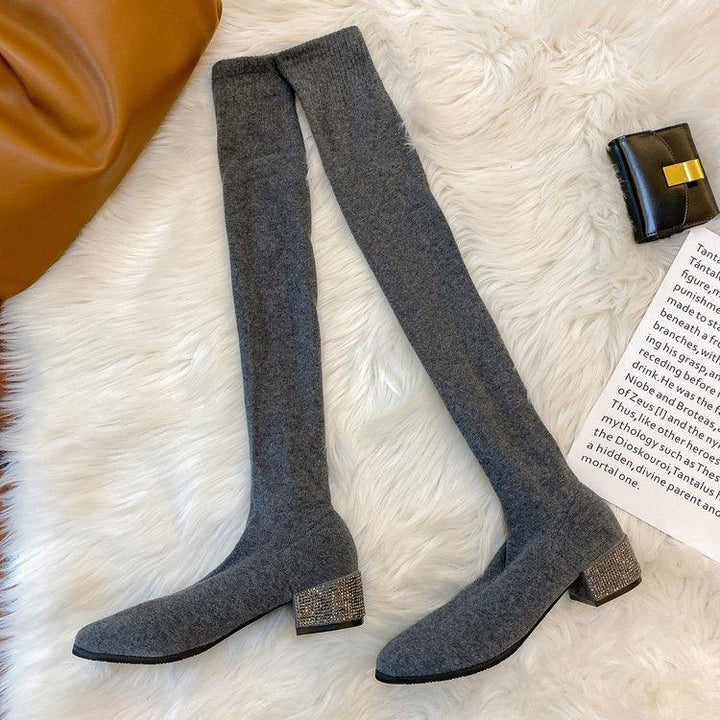 Womens Thigh High Stretch Breathable Pointed Toe Rhinestone Thick Heel Knitting Sock Boots - Trendha