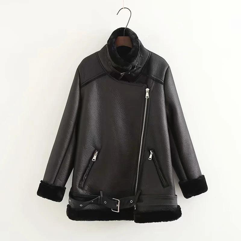 Jacket Tops Women's Trendy Belt PU Leather Jacket - Trendha