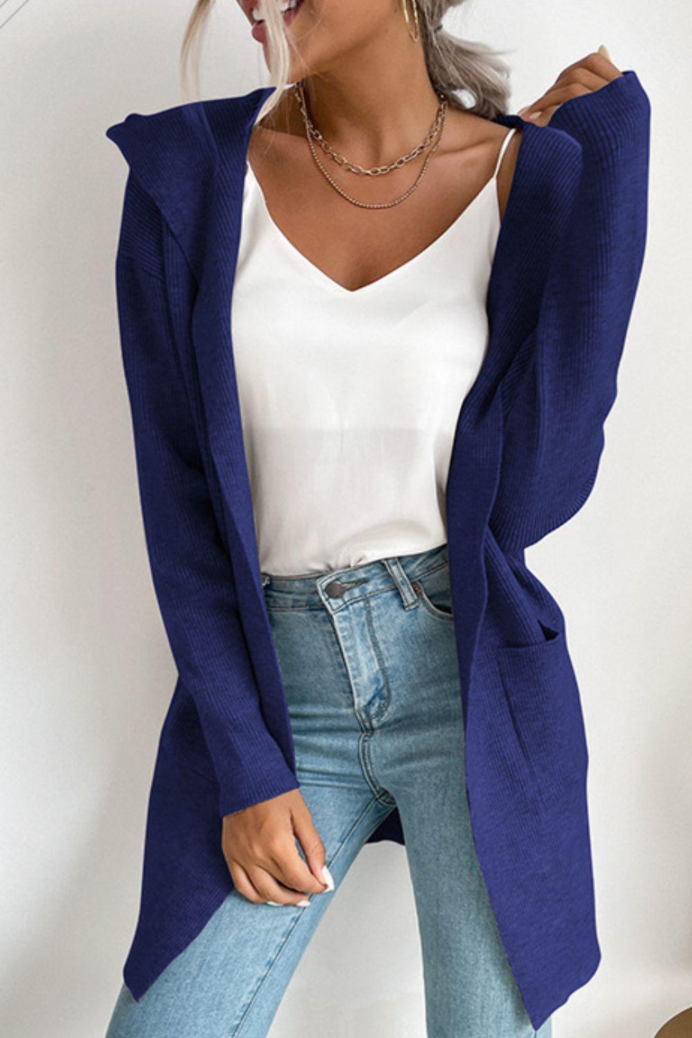 Ribbed Open Front Hooded Cardigan with Pockets - Trendha