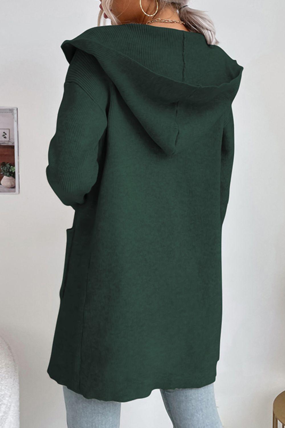 Ribbed Open Front Hooded Cardigan with Pockets - Trendha