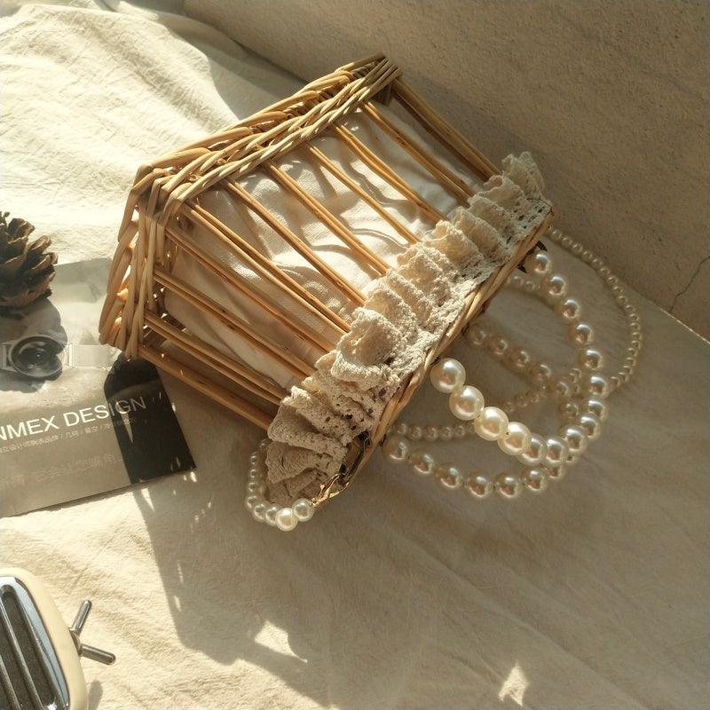Handbag Chain Homemade Bag Pearl Woven Rattan Square Bag Straw Woven - Trendha