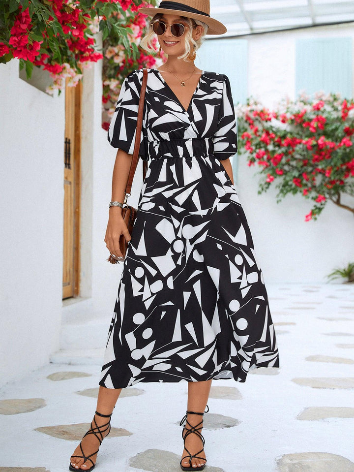 Printed Surplice Balloon Sleeve Dress - Trendha