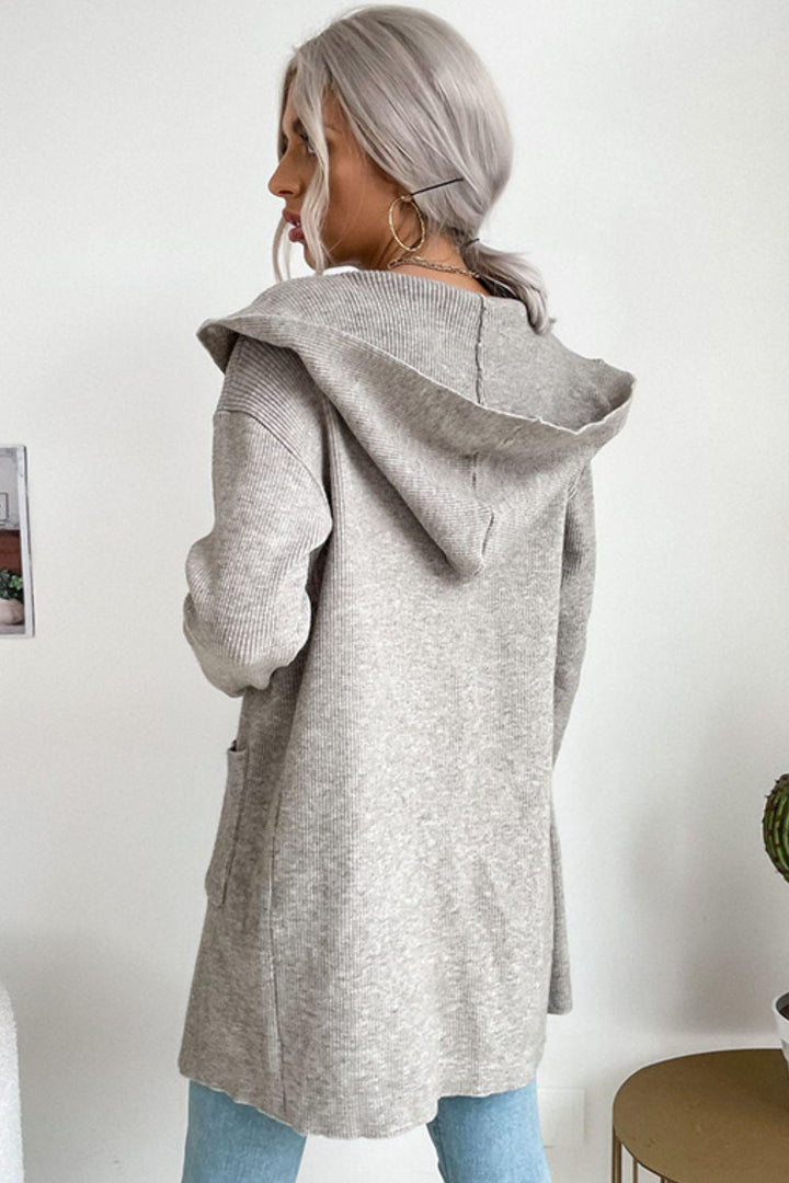 Ribbed Open Front Hooded Cardigan with Pockets - Trendha