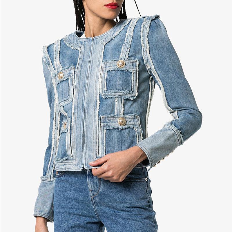 Denim Jacket With Fringe Stitching Lion Head Buckle - Trendha