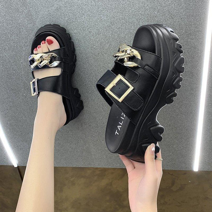 Metal Buckle Heightening Sponge Cake Sandals And Slippers - Trendha