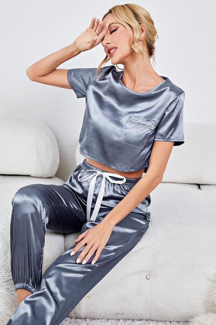 Satin Short Sleeve Crop Top and Joggers Lounge Set - Trendha