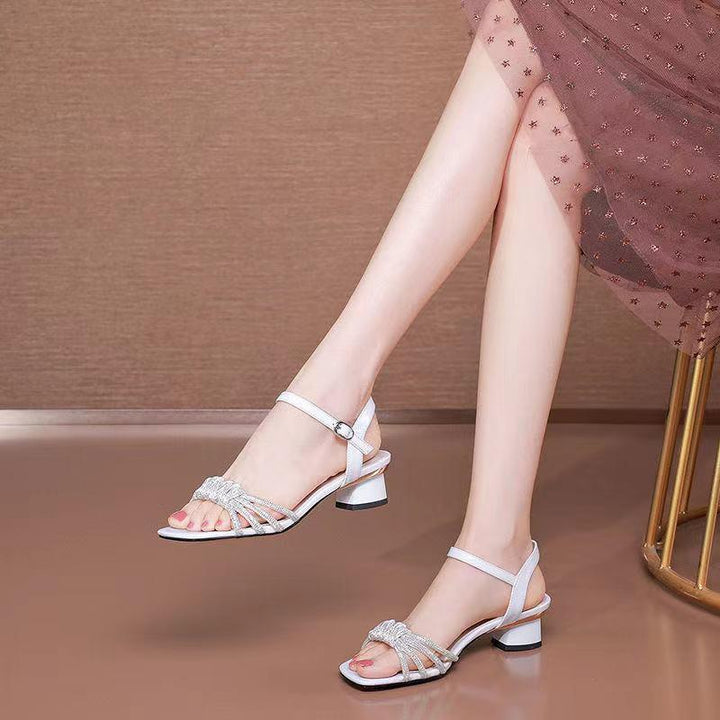 Woven Thin Strap Rhinestone Sandals Women's Chunky Heel - Trendha