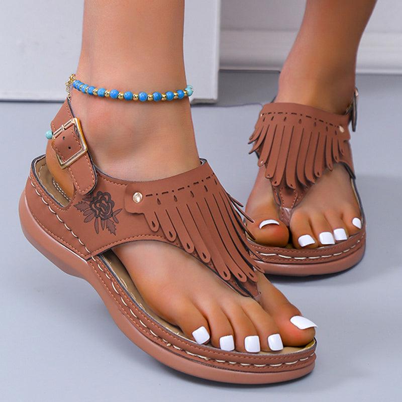 Women's Fringed Thong Sandals with Ankle Strap