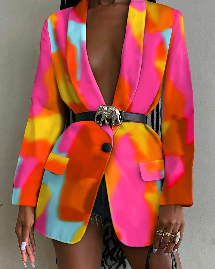 Fashion-Forward Printed Shawl Collar Single-Breasted Belted Blazer for Women - Trendha