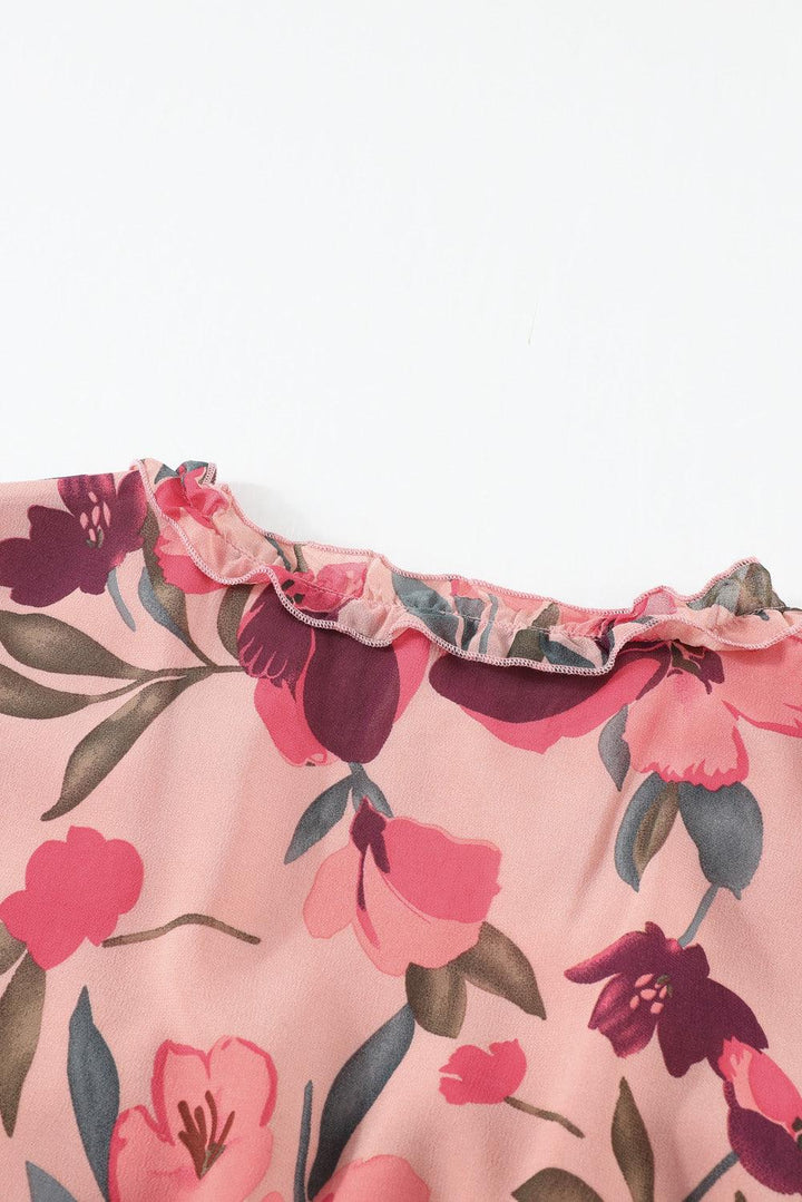 Floral Frill Trim Flounce Sleeve Plunge Maxi Dress - Trendha
