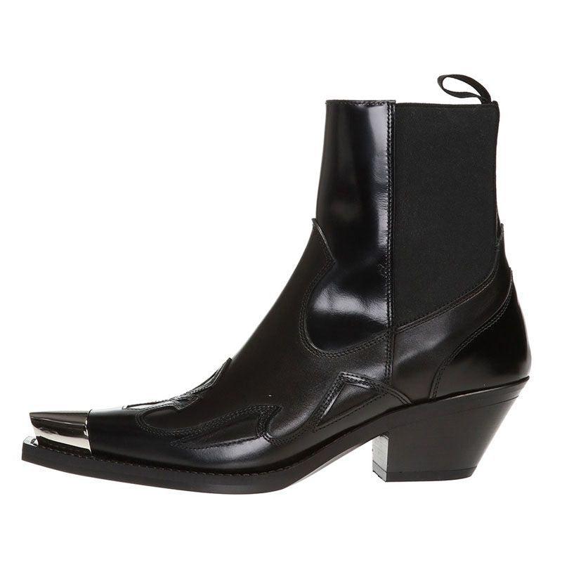 Metal Pointed Rivets Leather Ankle Boots Chunky Heel - Trendha