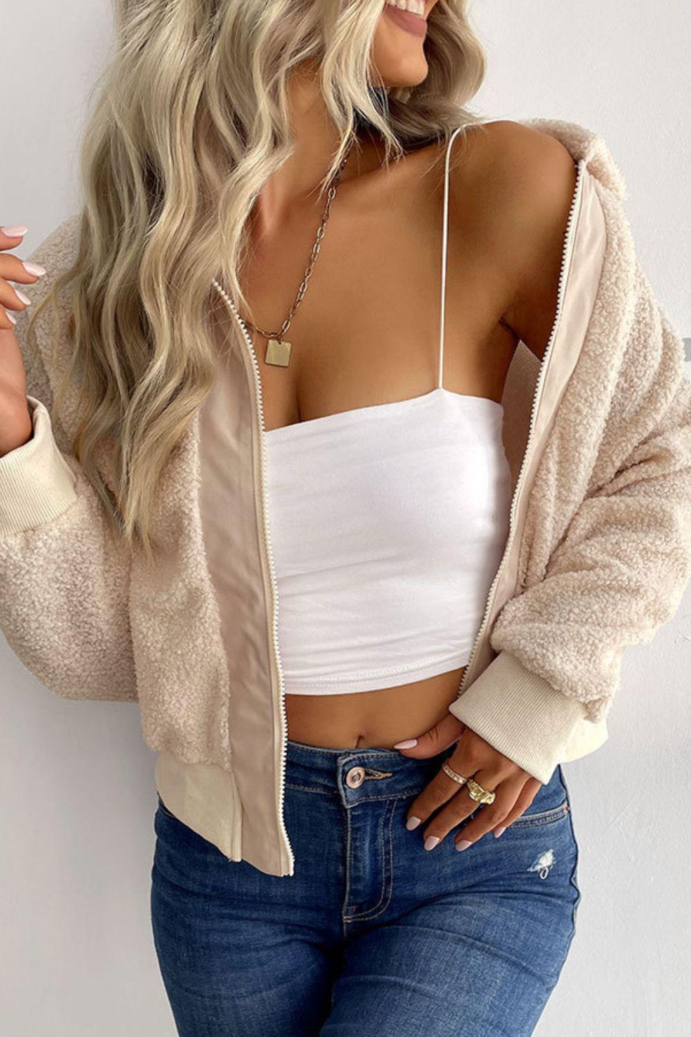 Zip-Up Sherpa Collared Neck Jacket with Pockets - Trendha