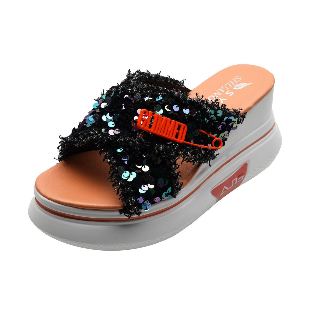 Fashion Sequined Sponge Cake, Thick-soled Crossover, Wedge Heel Sandals And Slippers - Trendha