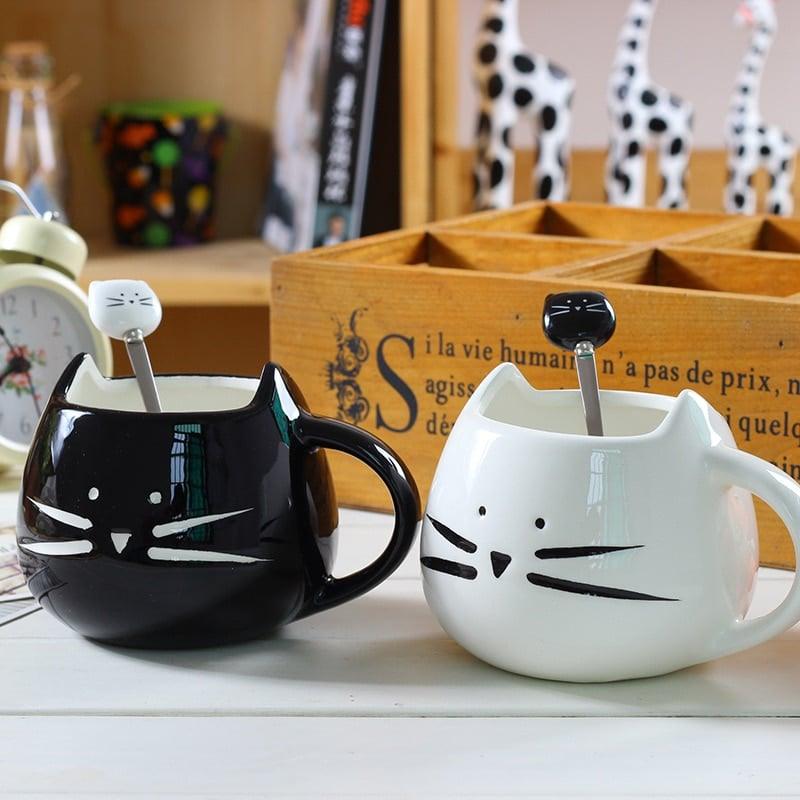 Cartoon Cat Shaped Coffee Mug with Spoon