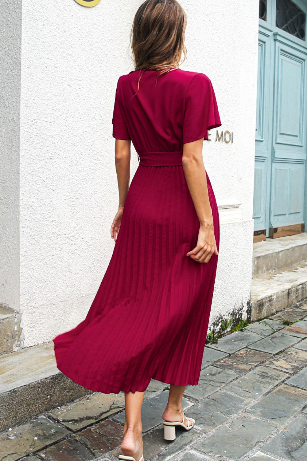 Flutter Sleeve Belted Surplice Midi Dress - Trendha
