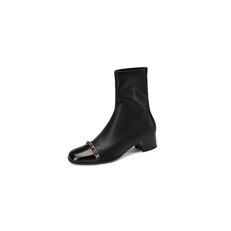 Women's Full Leather Thick Heel Comfortable Round Toe Short Boots - Trendha