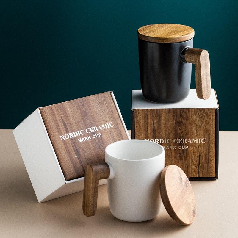 Ceramic Coffee Mug with Wooden Handle and Cover