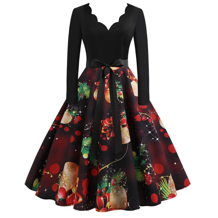 Casual Women's Long Sleeve Printed V-Neck Dress - Trendha