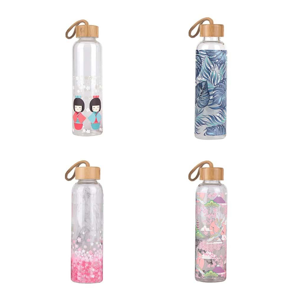 Colorful Print Glass Water Bottle with Bamboo Lid - Trendha