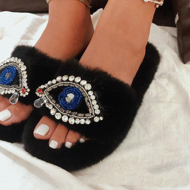 Faux Fur Velvet Slippers Demon Eye - Trendha