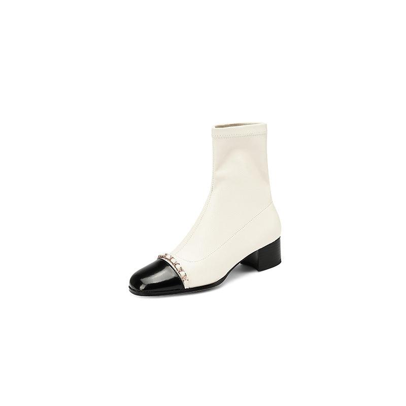 Women's Full Leather Thick Heel Comfortable Round Toe Short Boots - Trendha
