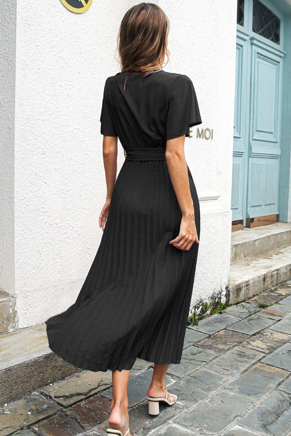 Flutter Sleeve Belted Surplice Midi Dress - Trendha