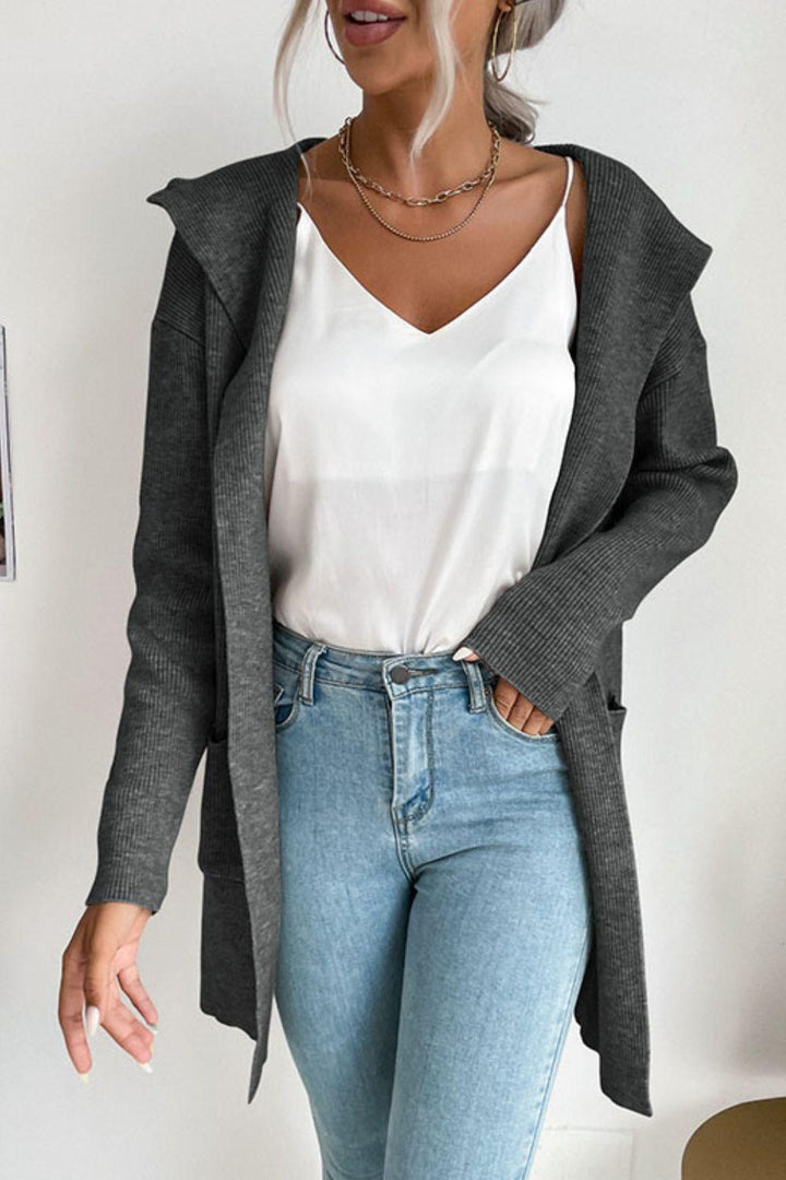 Ribbed Open Front Hooded Cardigan with Pockets - Trendha
