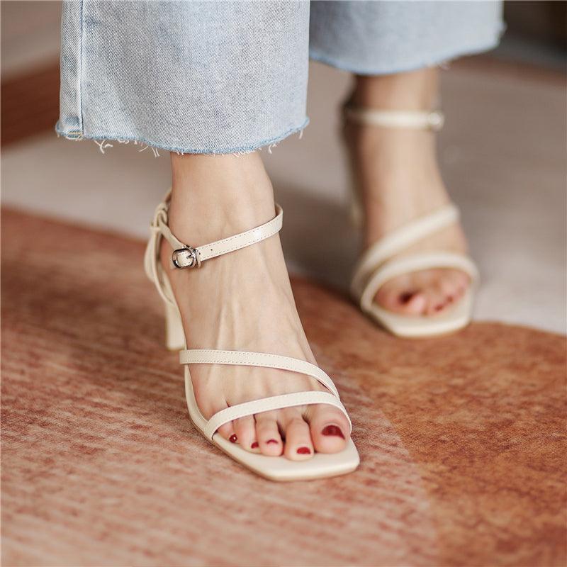 Summer Square Toe With Thick Heel Sandals Women's Mid-heel Soft Leather Black Roman Style - Trendha