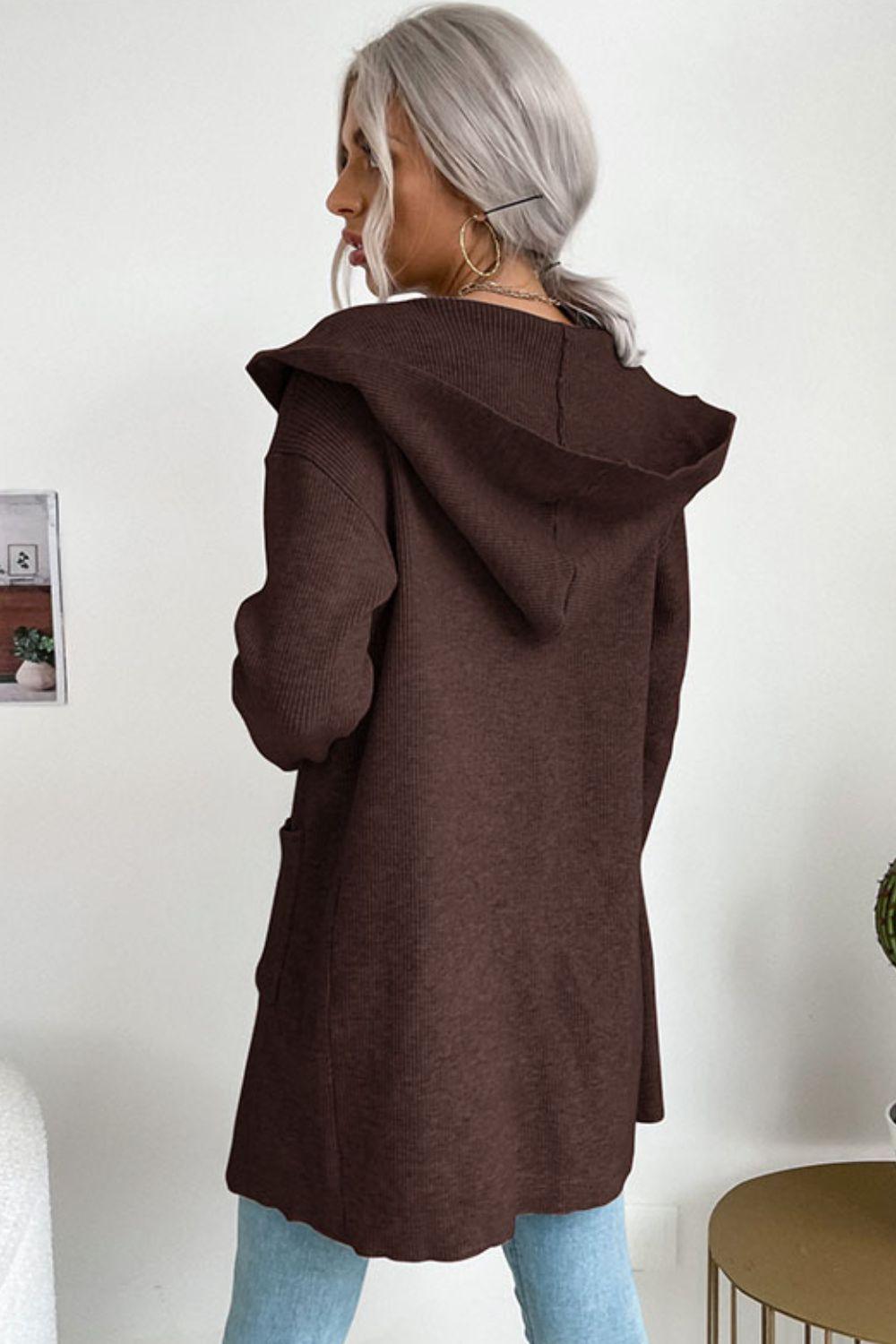 Ribbed Open Front Hooded Cardigan with Pockets - Trendha