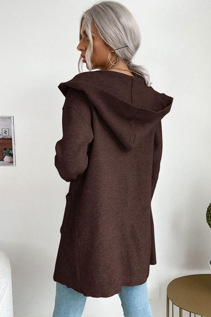 Ribbed Open Front Hooded Cardigan with Pockets - Trendha