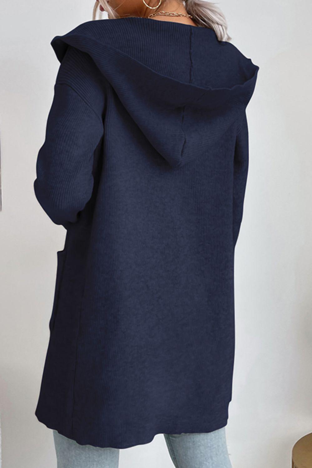 Ribbed Open Front Hooded Cardigan with Pockets - Trendha