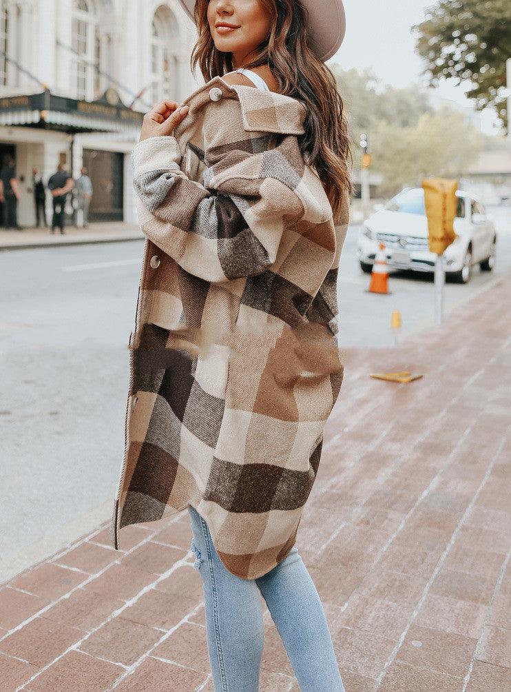 European And American Lapel Loose Women's Plaid Woolen Jacket - Trendha