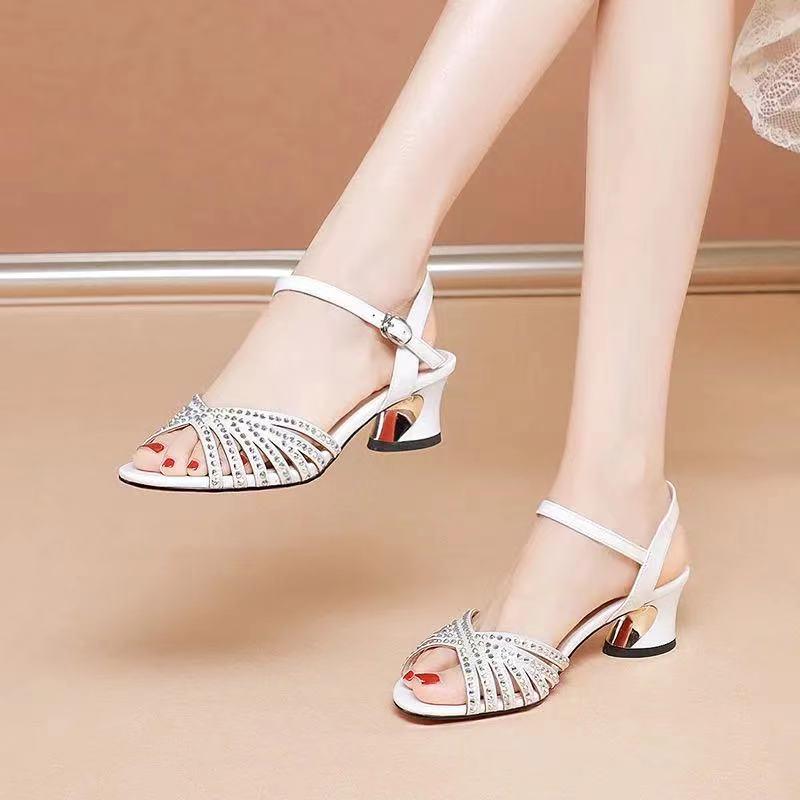 Woven Thin Strap Rhinestone Sandals Women's Chunky Heel - Trendha