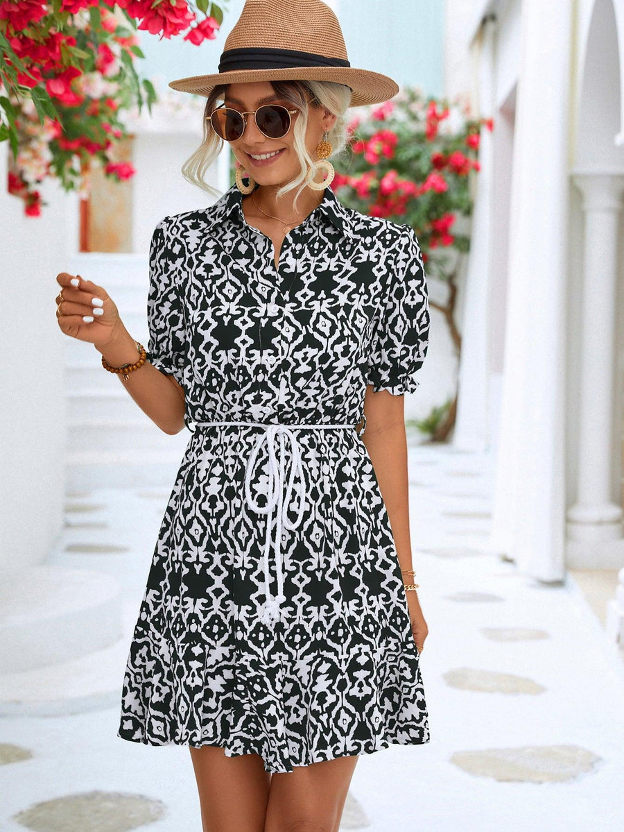 Printed Tie Waist Collared Flounce Sleeve Dress - Trendha