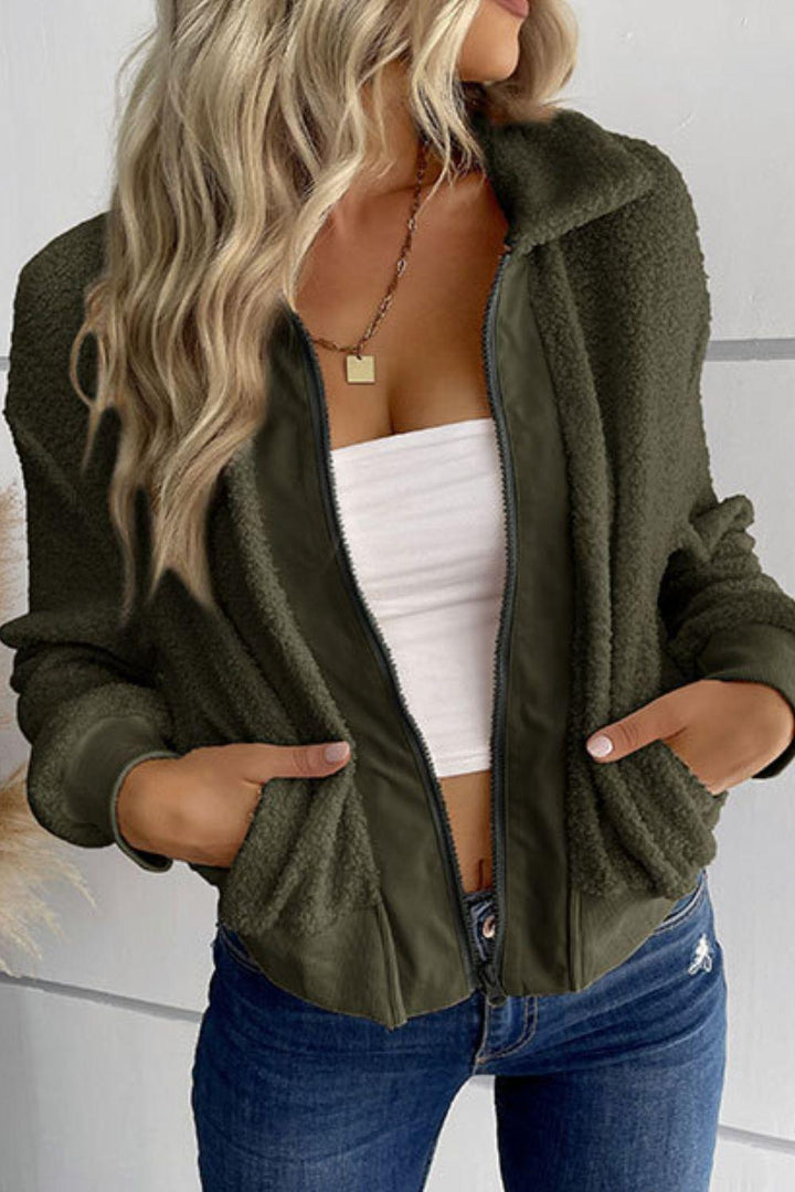 Zip-Up Sherpa Collared Neck Jacket with Pockets - Trendha