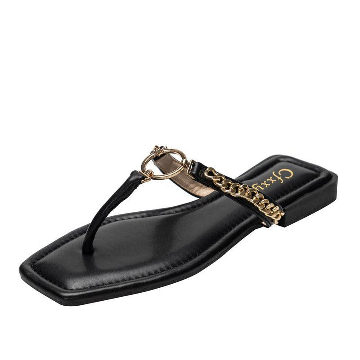 Fashion Chain Round Buckle Flip Flops Womens Low Heels Sandals - Trendha