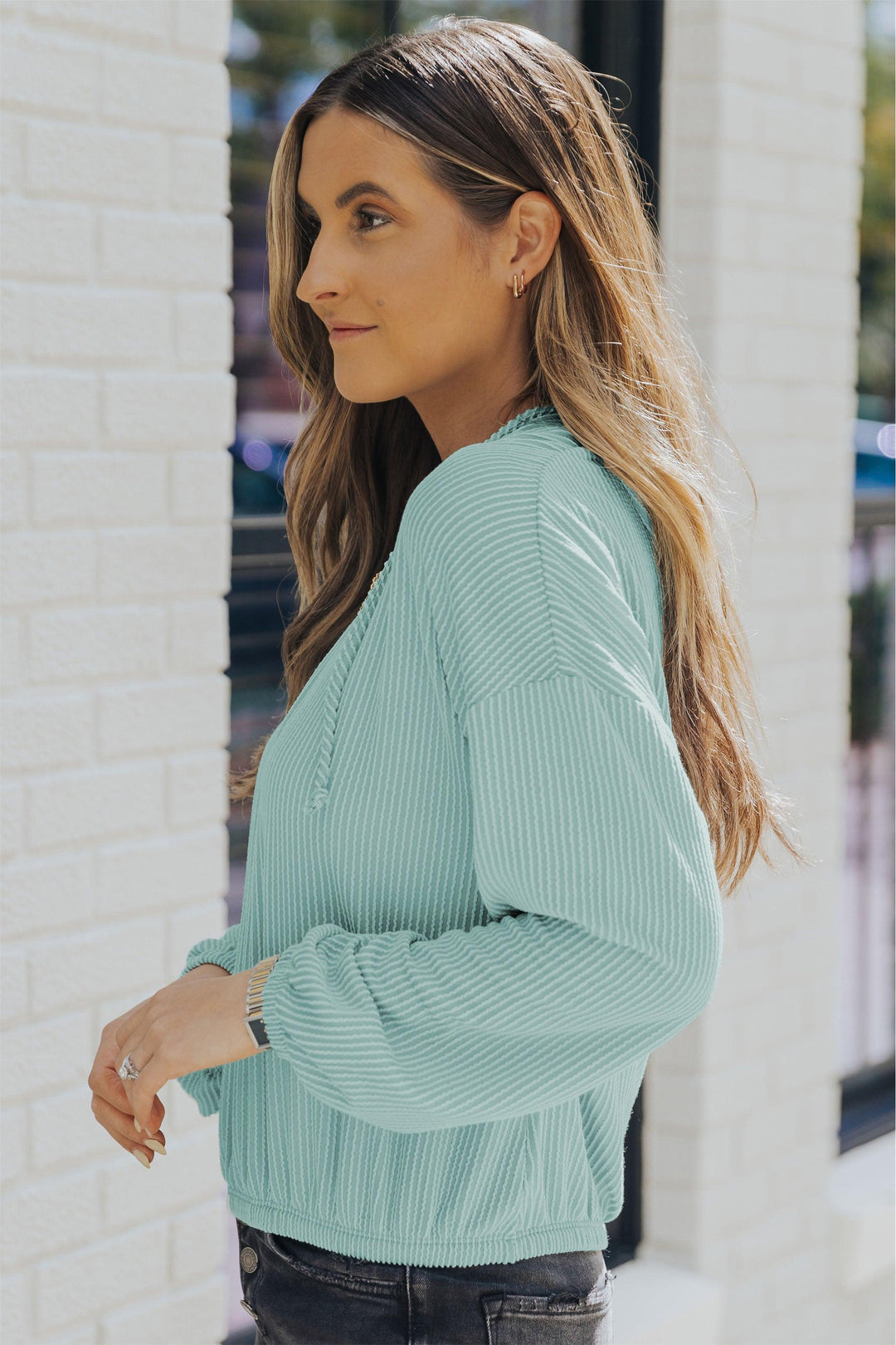 Ribbed Drop Shoulder Hoodie - Trendha